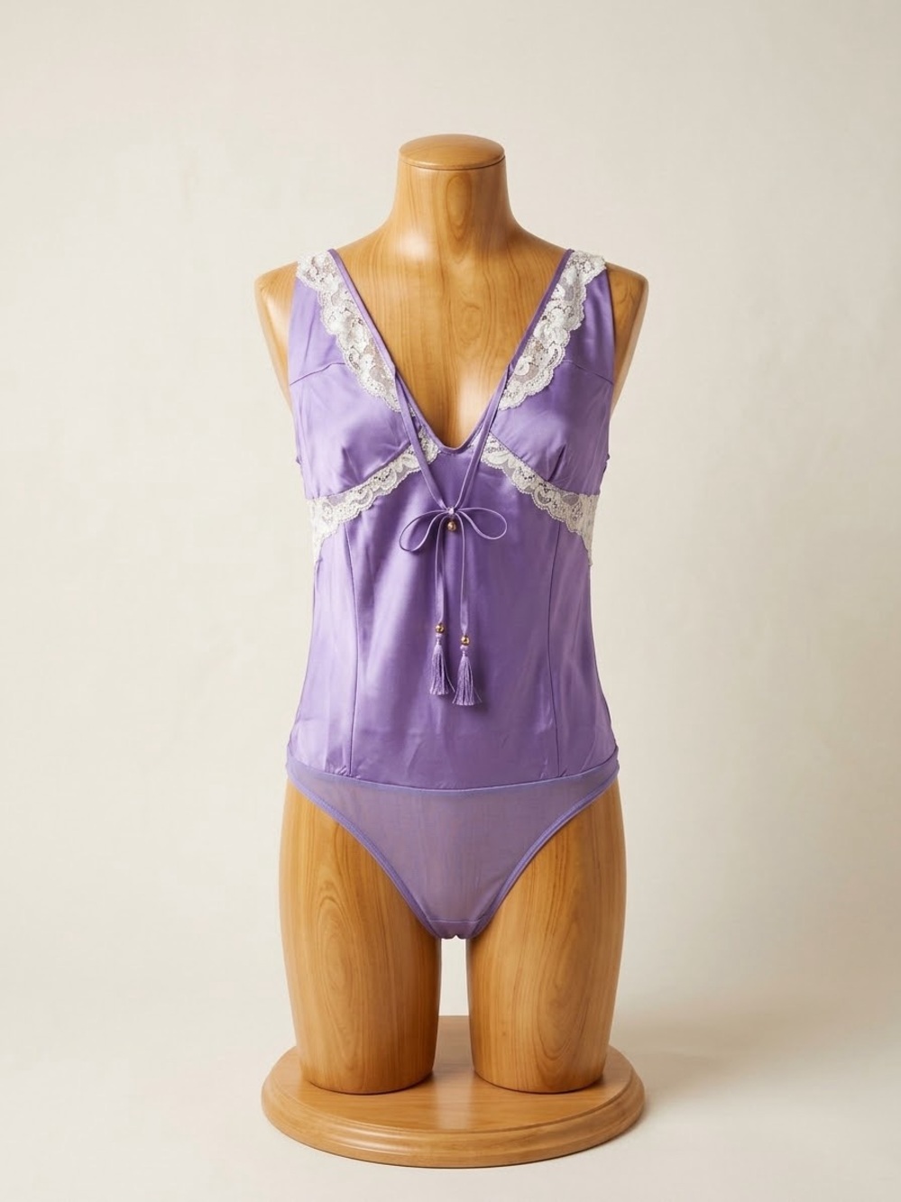 Free People Lavender Satin Lace-Trim Bodysuit with Tassel Detail